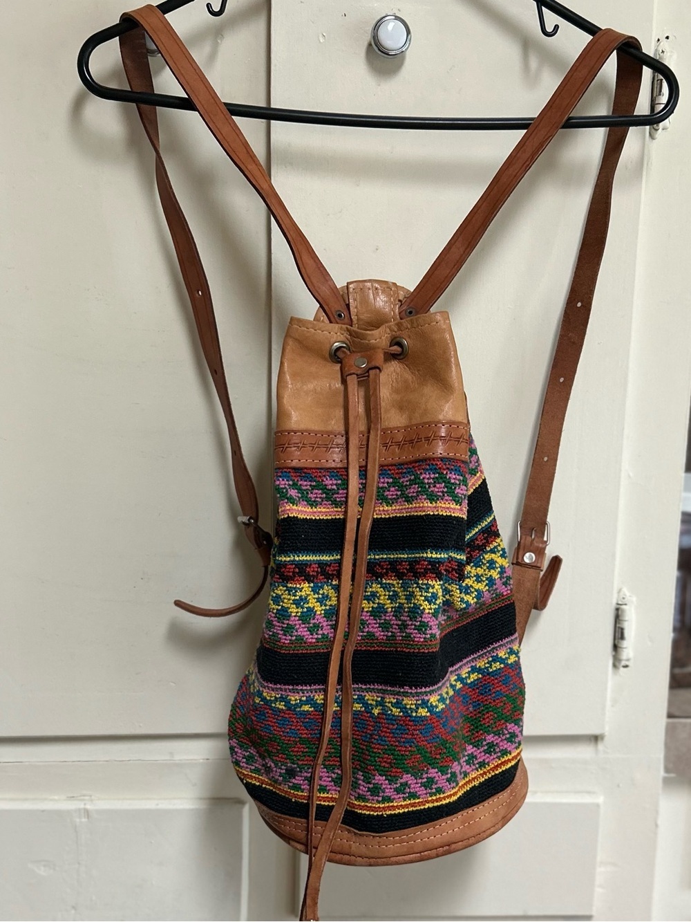 Vintage Bucket Backpack Drawstring Bag Leather Tribal Aztec Boho Festival 90’s